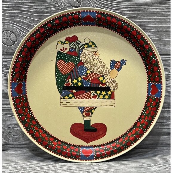 Vintage 1994 Metal Patchwork Folk Art Santa Christmas Round Serving Tray 13.25” - Picture 1 of 5